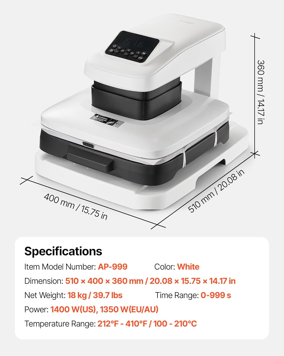 VEVOR Automatische hittepers (38 x 38 cm) T-shirt-pers met automatische vrijgave en instelbare druk, digitaal display, transferpers voor sublimatie vinyl warmteoverdrachtsprojecten, wit