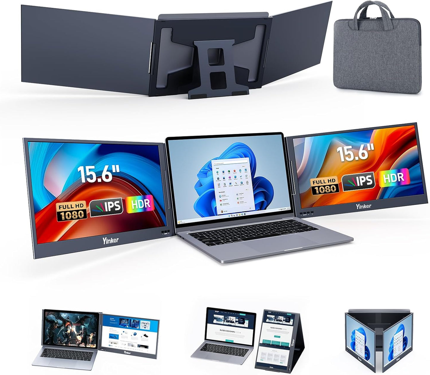 Laptopschermverlenger – Laptopmonitorverlenger – Extern Scherm – Draagbare Monitor – Meervoudig Display – 15,6 Inch FHD – 360° Draaibaar – Eén USB-C Aansluiting – Compatibel MacOS Windows Android