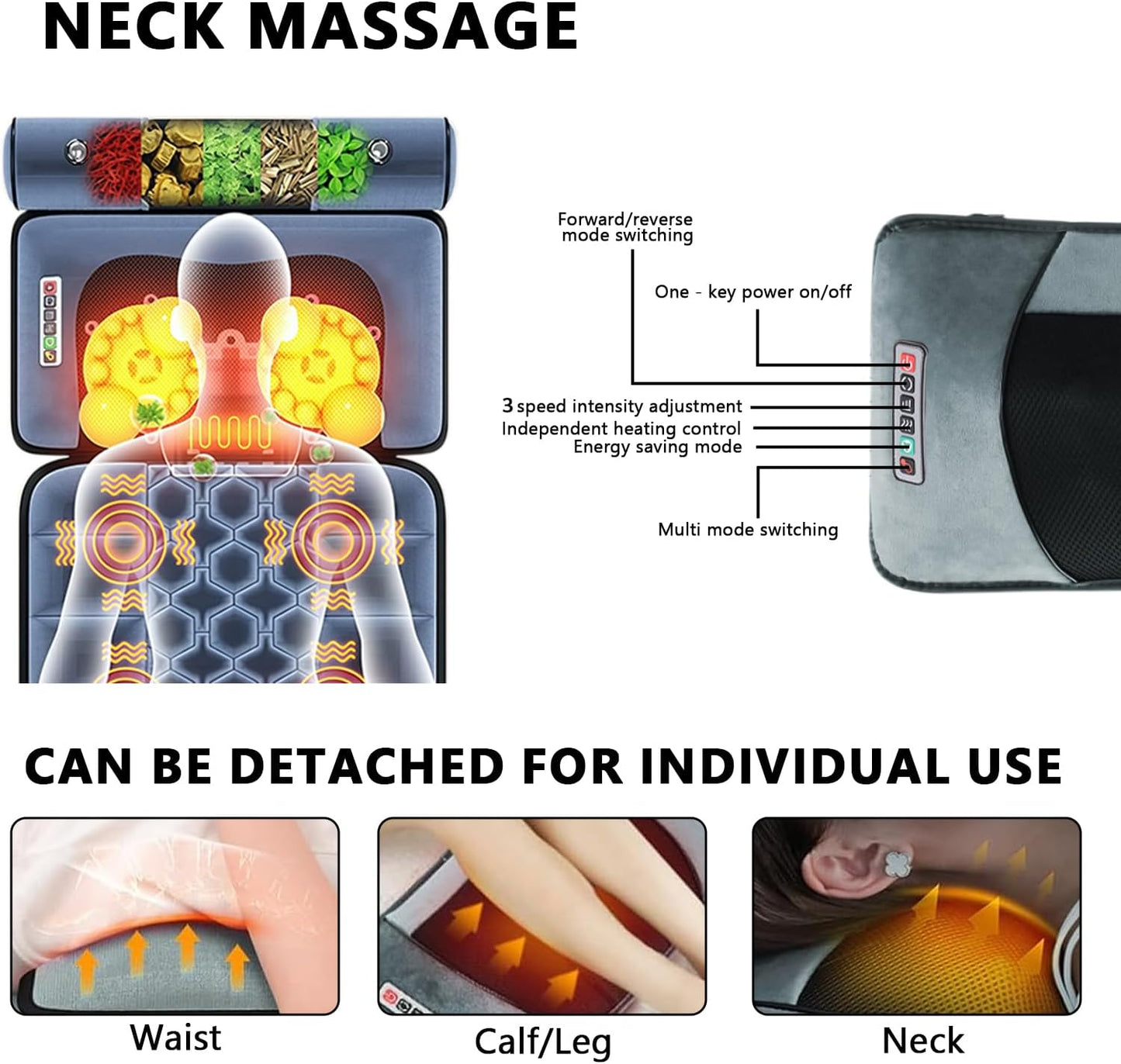 Massagemat voor het hele lichaam met warmtefunctie, massagestoelkussen met 10 vibratiemotoren, suède, elektrische massagepad voor nek, schouders, rug, taille, benen, afneembaar, apart te gebruiken