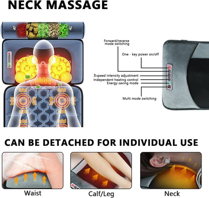 Massagemat voor het hele lichaam met warmtefunctie, massagestoelkussen met 10 vibratiemotoren, suède, elektrische massagepad voor nek, schouders, rug, taille, benen, afneembaar, apart te gebruiken