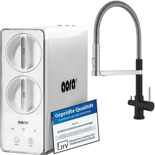 aora GT600 omgekeerde osmose-installatie + 3-weg armatuur zonder boren osmose-waterfilter + 8-traps filtratie en filterwisseling in 3 sec. tankloos RO systeem (GT600 + statement zwart)