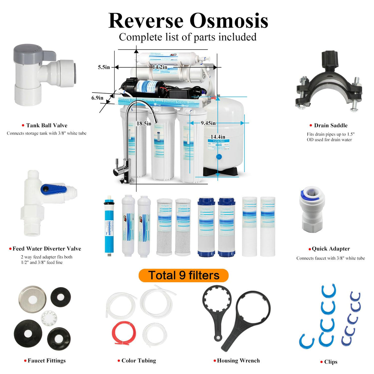 Geekpure 5 Phase Reverse Osmosis RO Drinking Water Filter System With Pump Extra 4 Filters-75GPD - QUORE