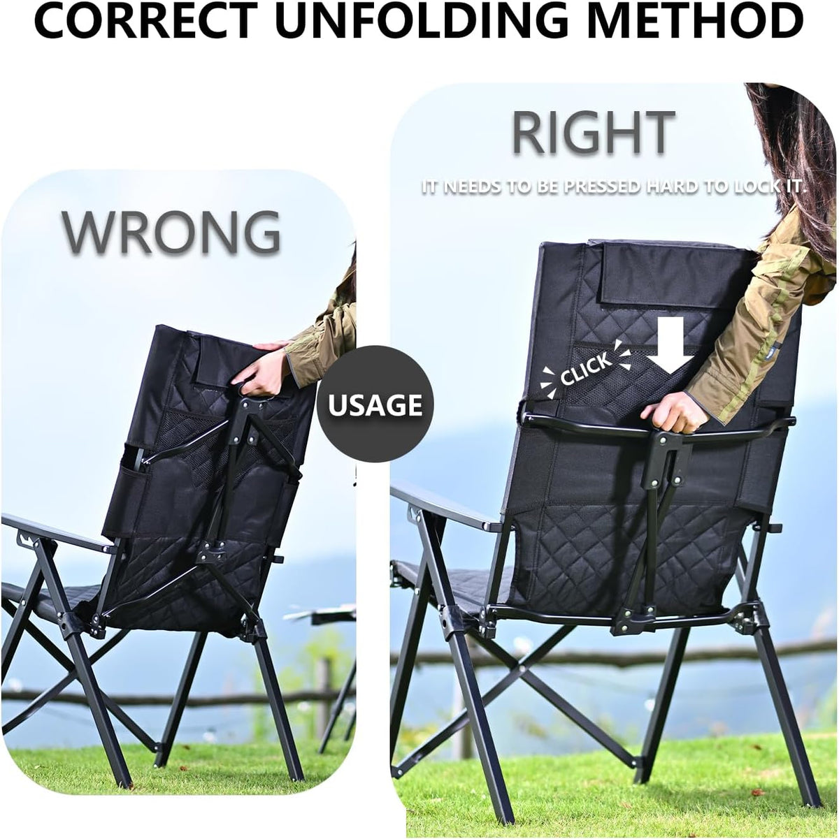 Campingstoel, opvouwbaar, hoge rugleuning, verstelbaar in 4 posities, tot 150 kg, klapstoel, tuinstoel, bekerhouder met zijvak, visstoel, outdoor, voor camping, tuin, balkon (kaki, 2 stuks)