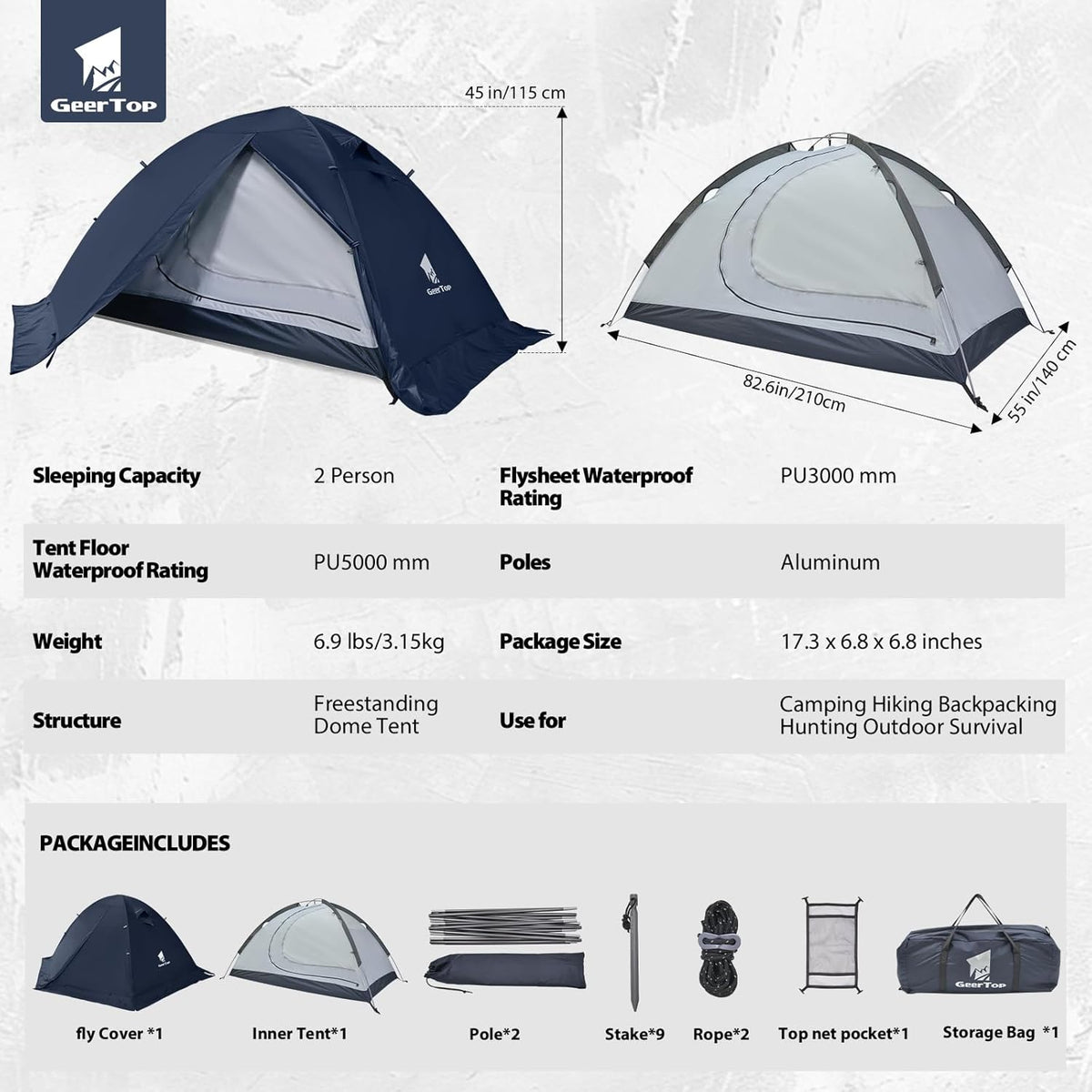 GEERTOP 4 Seizoen 2 Persoon Waterdichte Koepel Backpacken Tent voor Camping Wandelen Reizen Klimmen - Gemakkelijk Opzetten