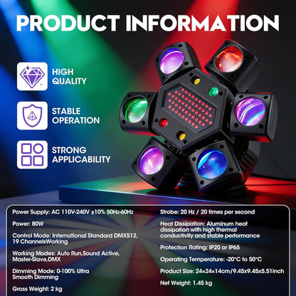 80W Moving Head LED met Afstandsbediening, RGBW Disco Licht 6 Armen + Bijenoog Effect, DMX512 Soundactief voor DJ Bar Feestverlichting