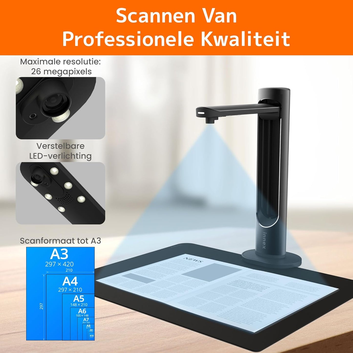 Innex DS200 USB-boekscanner, 26MP, A3-documentenscan, OCR 120+ talen, auto-vlak & uitlijnen, vingerverwijdering, microfoon & LED, handknop & voetpedaal, Win/MacOS