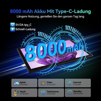 Tablet Android 15 11 Inch, 16GB RAM+128GB ROM (1TB uitbreidbaar), Octa-Core, Accu 8000mAh, 4G LTE+5G WiFi, Dual SIM, 13MP+8MP, GPS, Tablet met Toetsenbord,Muis,Stylus, Grijs