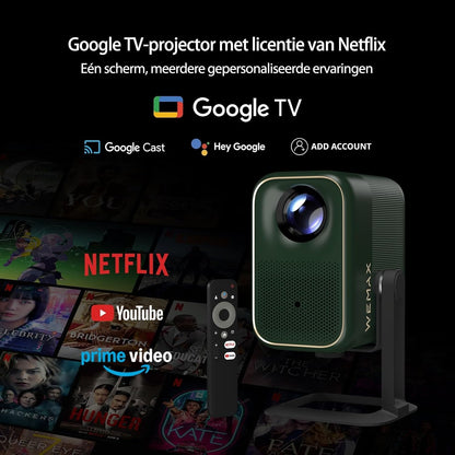 WEMAX 4K Projector【Netflix Gecertificeerd & Google TV】Draagbare Projector met Standaard【4K Ondersteuning & 1080P Native】320 ISO Lumen, Dolby Audio, HDR 10, WiFi/Bluetooth, Smart Projector Home Cinema