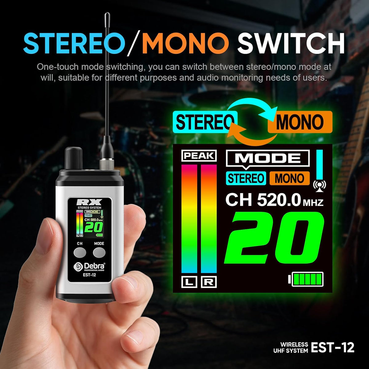 Debra EST-12 Draadloos In-Ear Monitoring Systeem met 2 Ontvangers, UHF Signaal (20 Kanelen), 0 Latentie, 80m Bereik en Metaalbehuizing voor Podium & Studio Wit