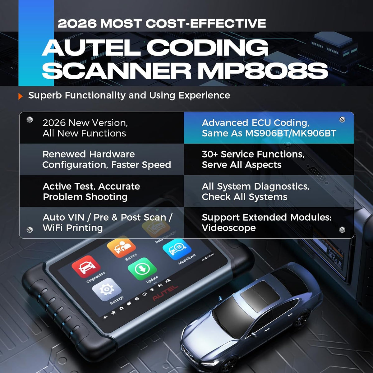 Autel MaxiPRO Scanner MP808S Scan Tool, Bidirectionele controle, Geavanceerde ECU Codering, Actieve Test, 30+ Service, Alle Systeem Diagnostische, 2023 Upgrade Versie van MP808/MP808BT/DS808, Werk met