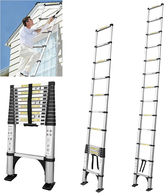 JADDUO Telescopische vouwladder, antislip, 3,8 m, intrekbare treden, aluminium bouwmarkt, inklapbaar, uittrekbaar, unieke rechtse multifunctionele ladder, draagkracht 150 kg