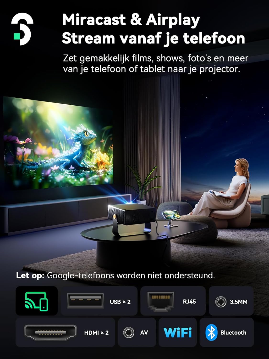 SOOMFON Smart Beamer 4K thuisbioscoop, kleine beamer voor mobiele telefoon, autofocus en trapeziumcorrectie, mini-projector met wifi en Bluetooth met Fire Stick/Smartphone/PS5/thuisbioscoop/outdoor