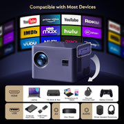 Mini Beamer - Projector - LED Digitale Projector - Draagbaar - met Elektrische Focus - 6D - 4P Keystone Correctie - Zoom - 5G WiFi - Bi-Channel - Bluetooth 20000L - 1080P - 500 ANSI - Compatibel - TV - Smartphone - Tablet - Laptop