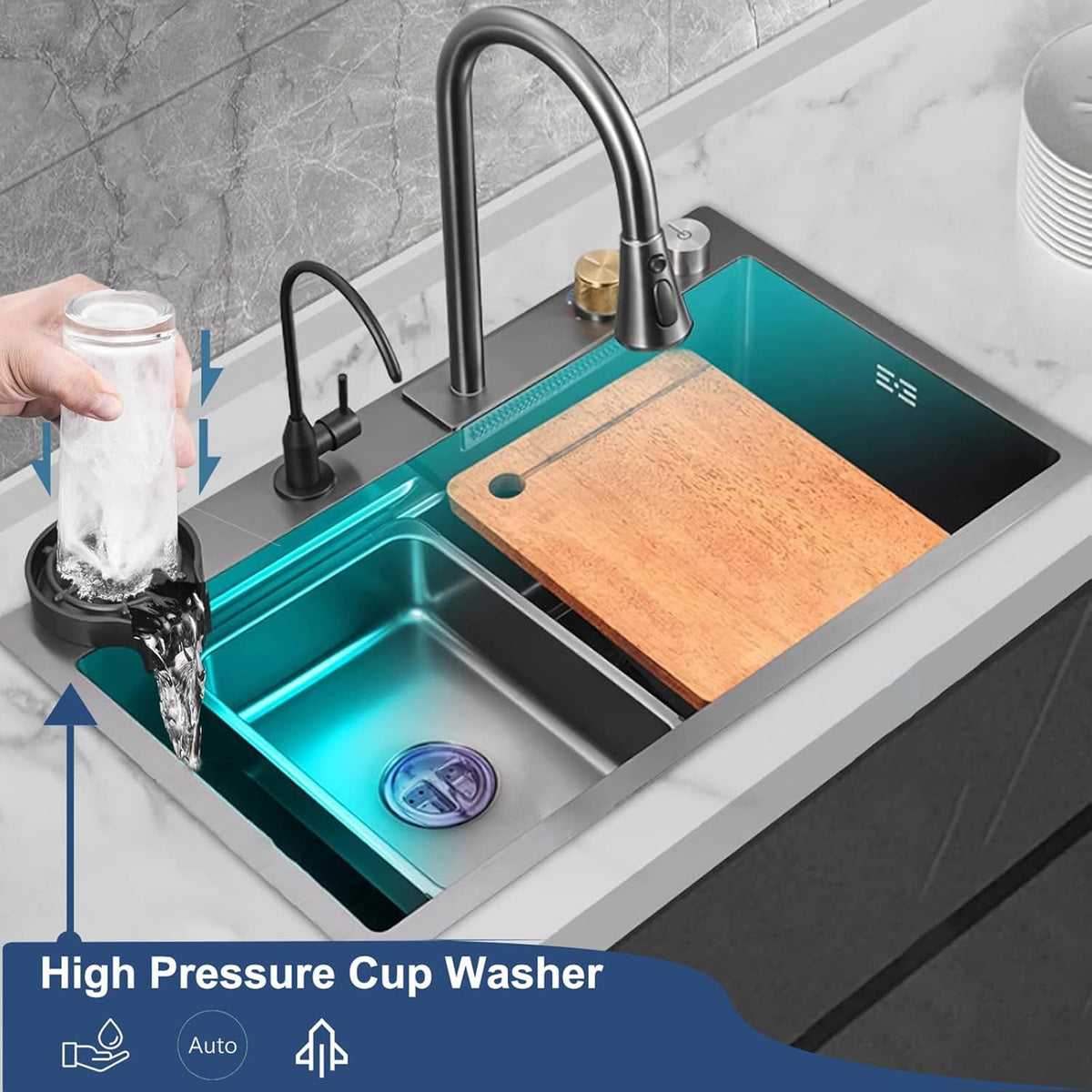 Waterval Gootsteen, Waterval Spoelbak Keuken, 304 Roestvrij Staal Gootsteen met Enkele Spoelbak met Uittrekbare Keukenkraan en Meerdere Accessoires Waterfall Kitchen Sink (Wit, 85x45x20cm)