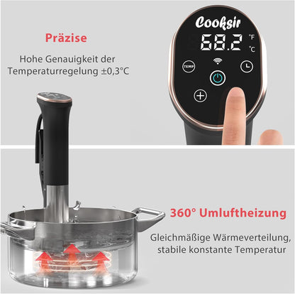 Sous Vide Garer Stick, 1400 W, sous-vide 35 cm met roestvrijstalen behuizing, wifi en touch-bediening met led, vacuümzak met pomp, kookboek
