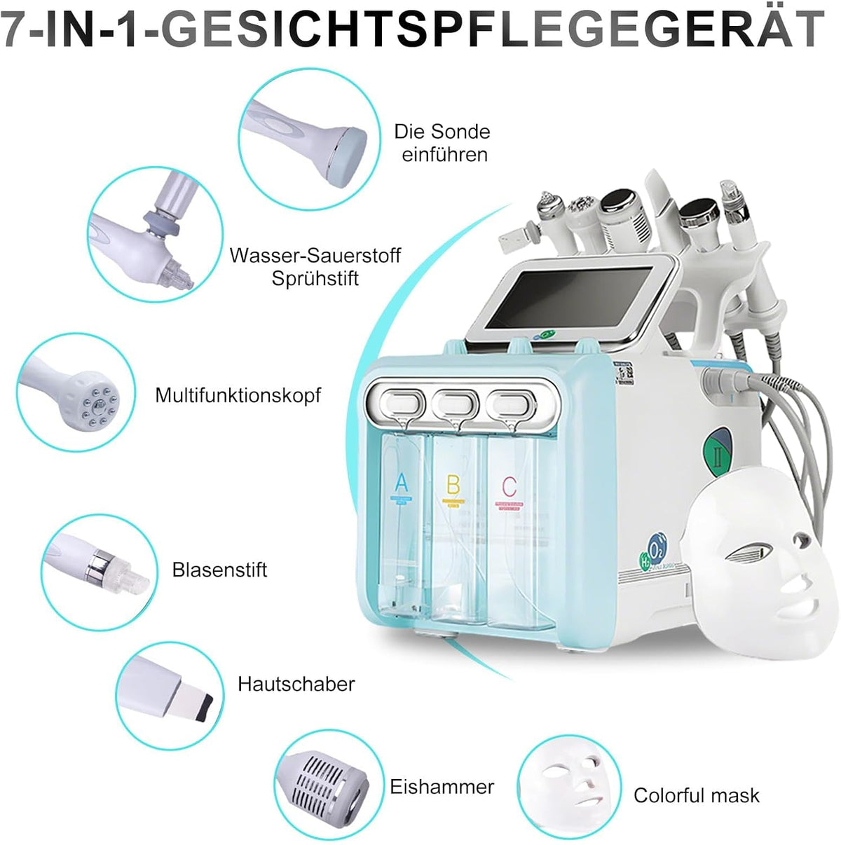 Hydrogen Oxygen Beauty Machine – Professioneel Gezichtsverzorgingsapparaat – Huidverzorgingsapparaat – Schoonheidsapparaat – Beauty Spa Apparaat – 7-in-1 met 6 functiekoppen – Waterstof- en zuurstoftechnologie