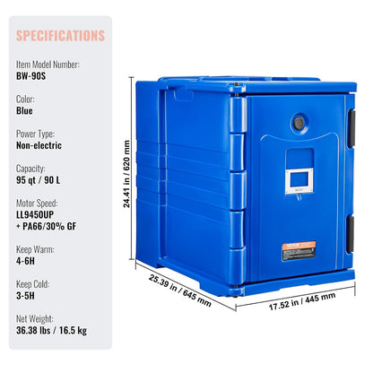 Thermobox voor levensmiddelen – Geïsoleerde Voedselbox – Warmhoudbox – Koelbox – Cateringbox – Blauw – 90 Liter – Voorlader Met Dubbele Gespen En Handgrepen