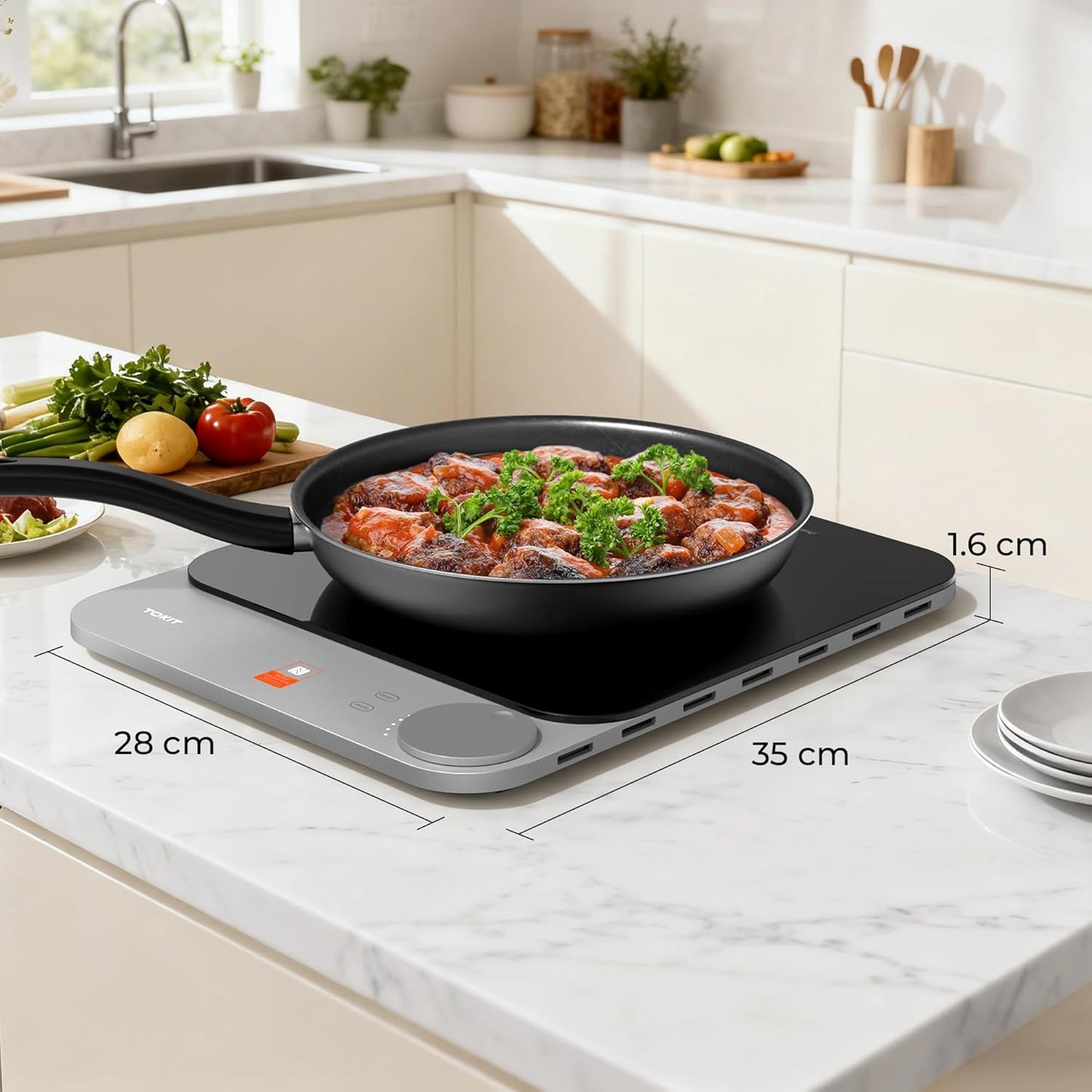 TOKIT Inductie Cooker Inductiekookplaat automatische panherkenning 2100 W 1-knops bediening 16 mm ultradun Sous-Vide kristaloppervlak anti-kras-grijs