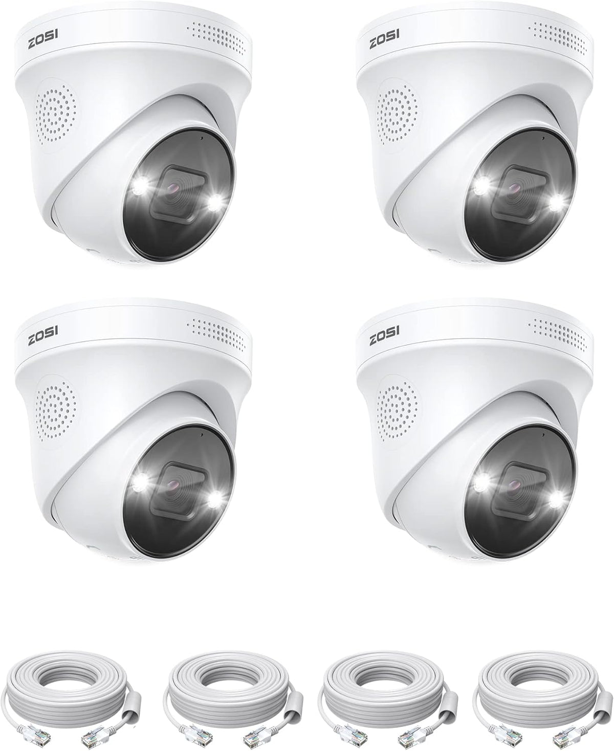 ZOSI 4K PoE Bewakingscamera Set, 4x Outdoor IP PoE Dome Camera met Netwerkkabel, Persoonsdetectie, Kleuren Nachtzicht, 2-Weg Audio, Spotlight Alarm
