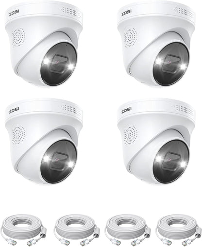 ZOSI 4K PoE Bewakingscamera Set, 4x Outdoor IP PoE Dome Camera met Netwerkkabel, Persoonsdetectie, Kleuren Nachtzicht, 2-Weg Audio, Spotlight Alarm