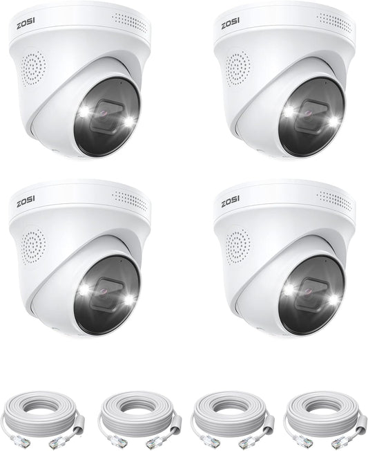 ZOSI 4K PoE Bewakingscamera Set, 4x Outdoor IP PoE Dome Camera met Netwerkkabel, Persoonsdetectie, Kleuren Nachtzicht, 2-Weg Audio, Spotlight Alarm