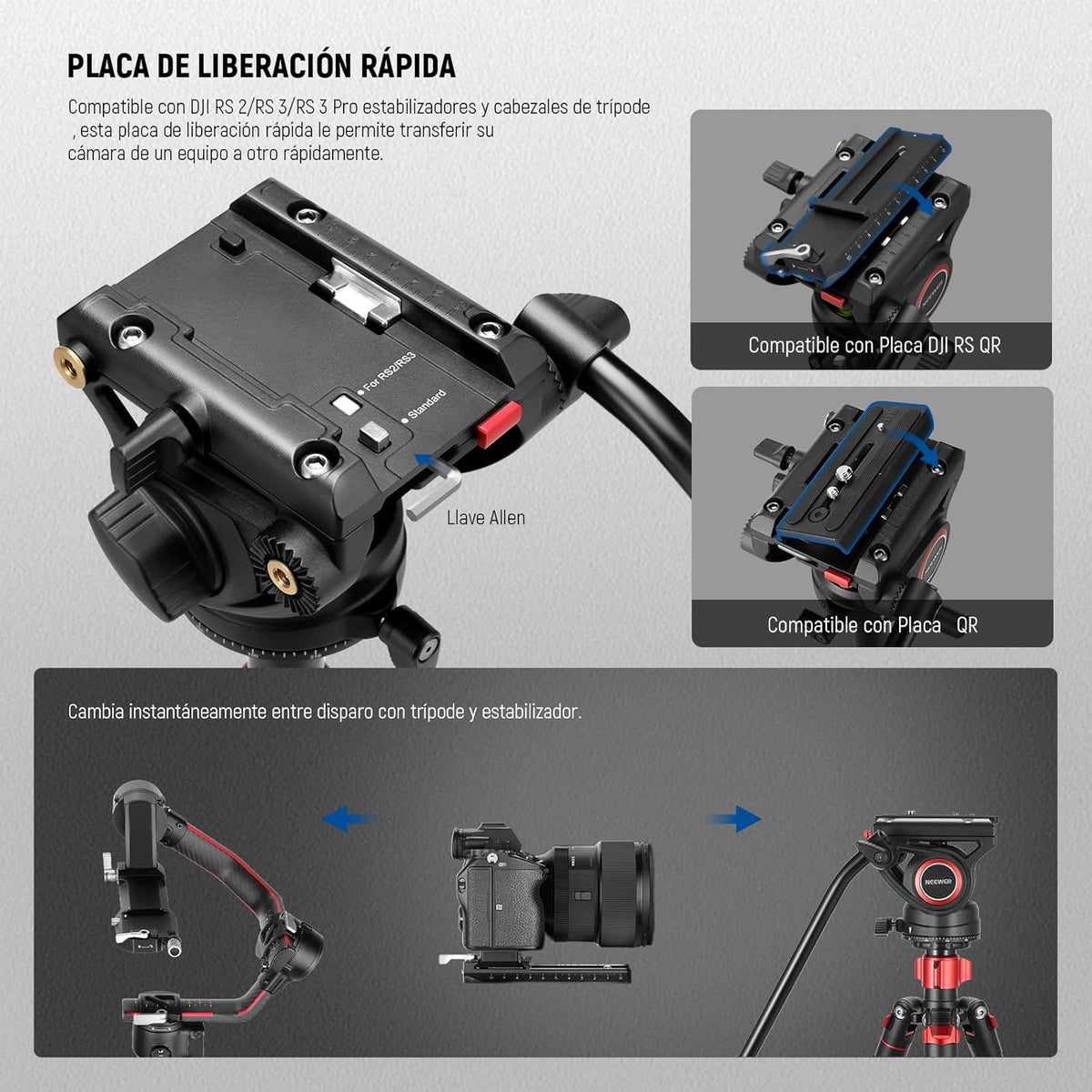 NEEWER 72 inch vloeiende kop video monopod, snelwisselplaat compatibel met DJI RS Gimbal Manfrotto, 360° draaibaar en +90°/-70° kanteling voor DSLR-camera, camcorder, maximale belasting 8 kg, TP72A