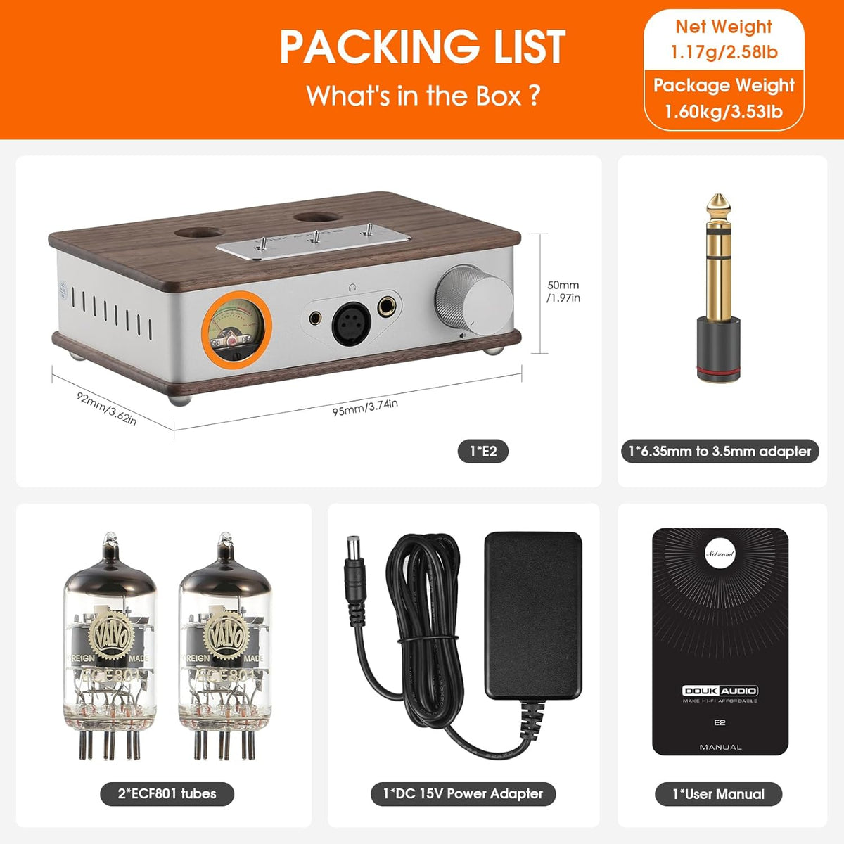 Douk E2-buizen hoofdtelefoonversterker met XLR/4,4 mm/6,35 mm/RCA uitgangen, hifi-stereo voorversterker met VU-meetapparaat voor hoofdtelefoon, thuisversterker, actieve luidsprekers