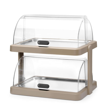 HENDI Buffetvitrine, UNIQ, dubbel, met serveer trays en koelelementen, transparante rolltop, koeldisplay, koelvitrine, buffet display, 480x355x(H)480mm, roestvast staal, ABS, PET, beige