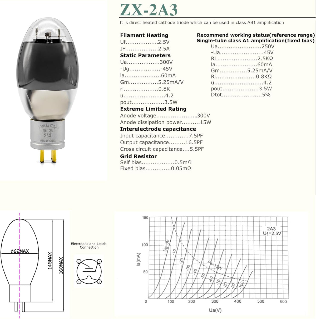 Vacuümbuis – Vervangingsbuis – Hifi Buis – Versterkerbuis – Dubbeltriode – Geschikt Voor 2A3/2A3B/2A3C – Dubbele Mica – Vergulde 4-Pins Aansluitingen