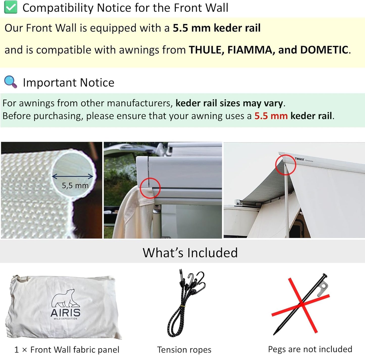 AIRIS Privacyscherm voor luifels, effectieve verduistering met ademend katoenen weefsel, waterafstotend, compatibel met Fiamma, Thule, Dometic (390 x 190)