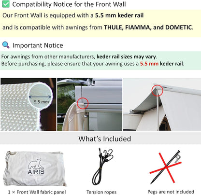 AIRIS Privacyscherm voor luifels, effectieve verduistering met ademend katoenen weefsel, waterafstotend, compatibel met Fiamma, Thule, Dometic (390 x 190)