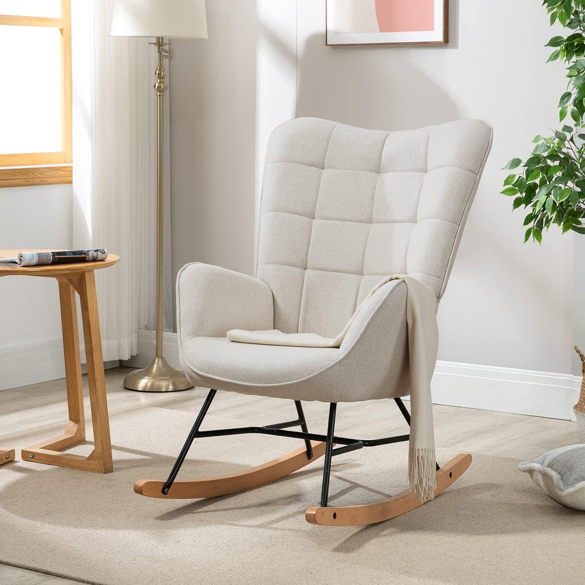 MEUBLE COSY Schommelstoelen, Scandinavië Borstvoeding schommelstoel stoel woonkamerstoel met E'-poten Hout Metaal en gevoerde zitting, 66x84x97cm