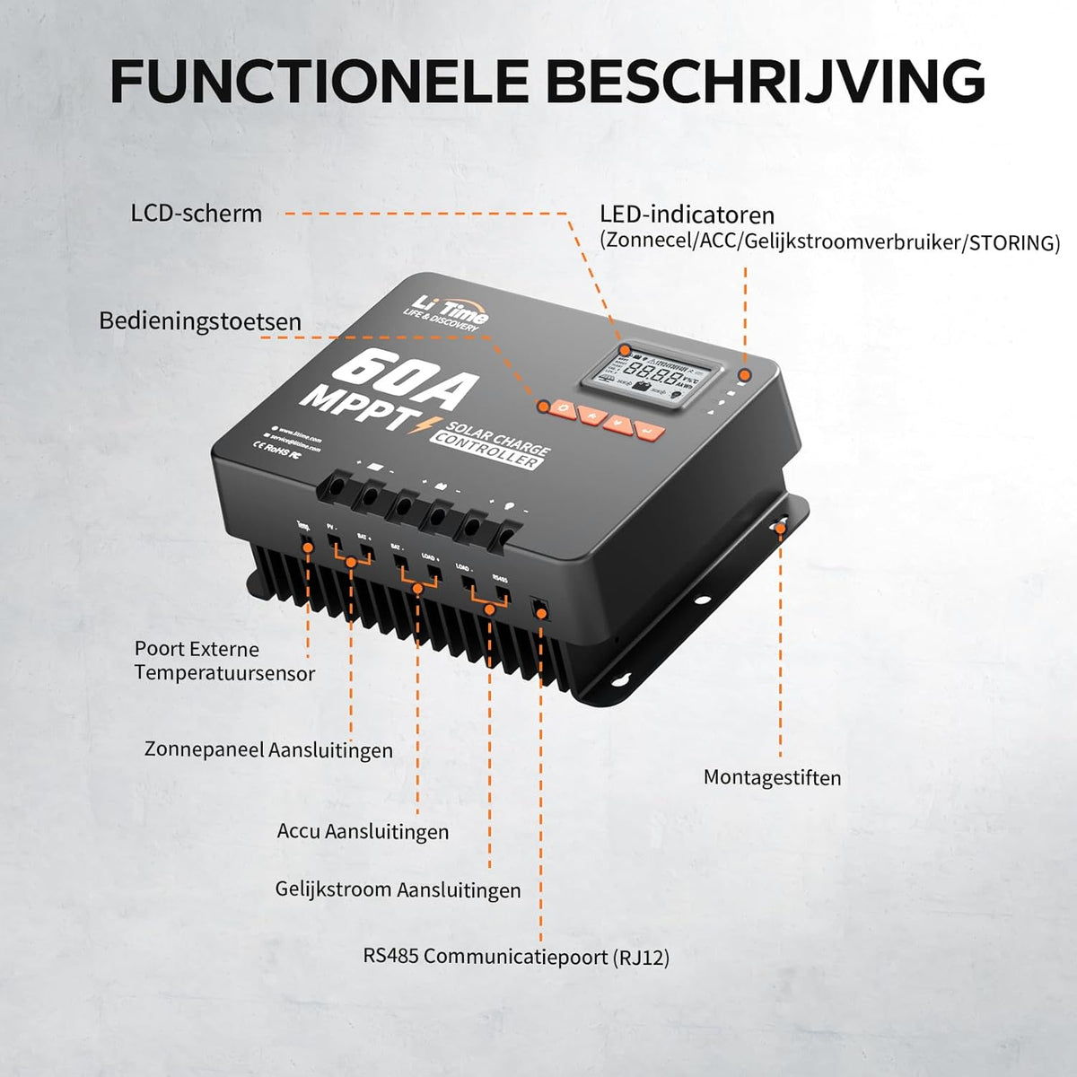 LiTime MPPT zonneregelaar, 60 A, 12 V/24 V/36 V/48 V, max. 3200 W, automatische DC-ingang met bluetooth-adapter, instelbaar lcd-display, led-indicatoren, voor lithiumbatterij