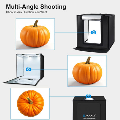 PULUZ Studio Fotobox, opvouwbaar, 60 x 60 x 60 cm, led, 5500 K, mini-fototent, draagbaar, met 3 achtergronden, wit, zwart, oranje, 36 W, EU-stekker