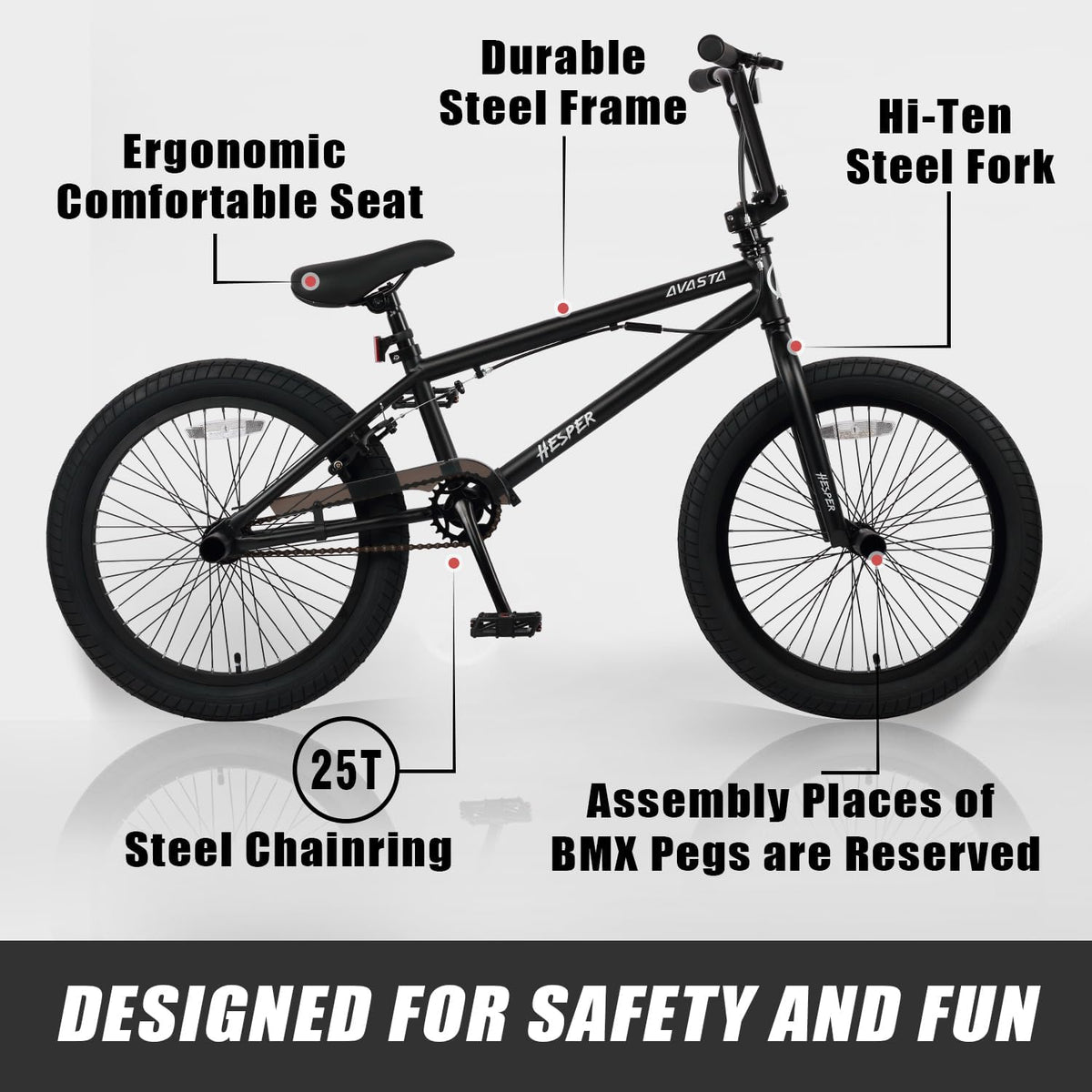 AVASTA Hesper 20 inch kinderfiets, Freestyle BMX, met 4 pegs, fietsen voor 6-14 jaar oude jongens en beginners, zwart