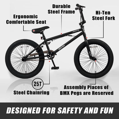 AVASTA Hesper 20 inch kinderfiets, Freestyle BMX, met 4 pegs, fietsen voor 6-14 jaar oude jongens en beginners, zwart