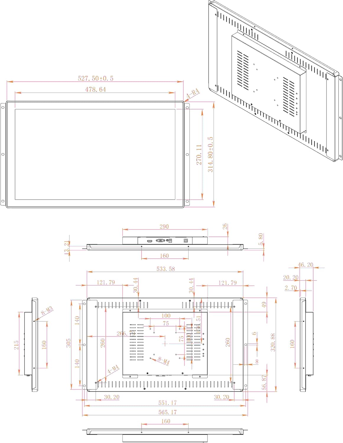 VSDISPLAY Industriële touchscreen Full HD 21,5 inch, 1920 × 1080, 300 nits, IP65 front, 10-punts touchscreen