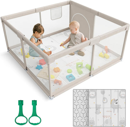 ZEEBABA Baby Playpen with Mat, 119.5 x 119.4 cm Playpen for Babies and Toddlers, Small Baby Play Pens, Baby Playground with 47 Inch Playground, Gate - QUORE