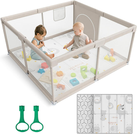 ZEEBABA Baby Playpen with Mat, 119.5 x 119.4 cm Playpen for Babies and Toddlers, Small Baby Play Pens, Baby Playground with 47 Inch Playground, Gate - QUORE