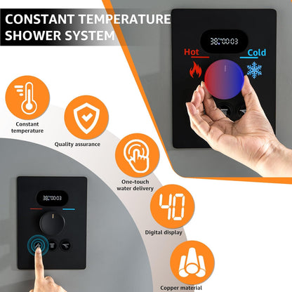 Thermostatische douchezuil, zwarte douchezuil met digitaal led-display, regendouchekop, handdouche met 3 modi, modern systeem voor badkamer, koper