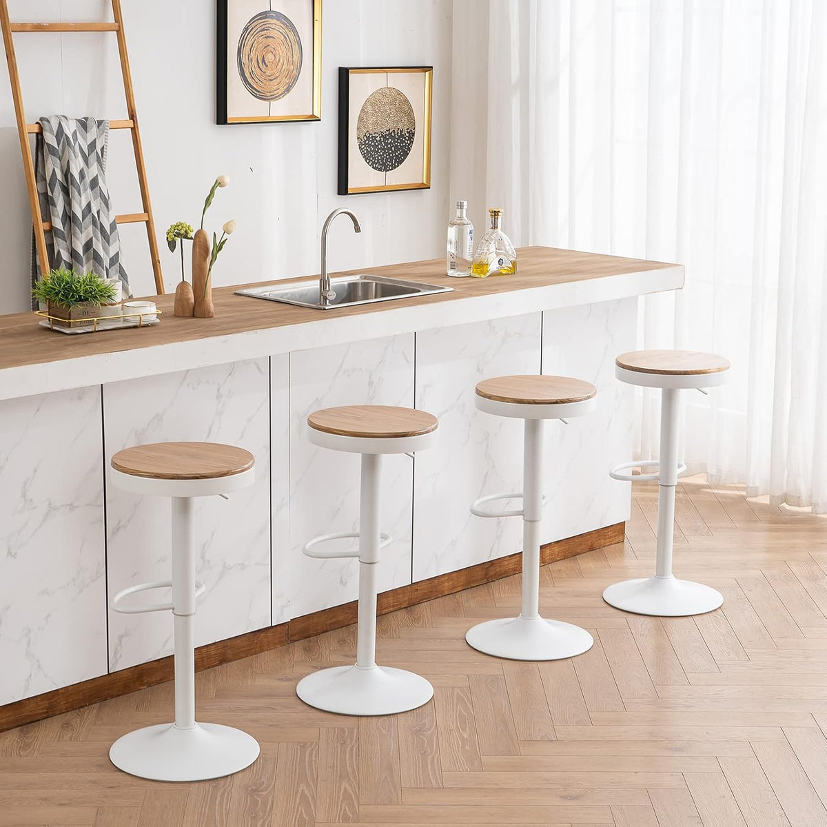 YOUNIKE Barkruk, set van 2, wit hout, in hoogte verstelbaar, draaibaar, barkruk, keukenstoelen, hoogte barstoelen met voetensteun, voor bar keuken