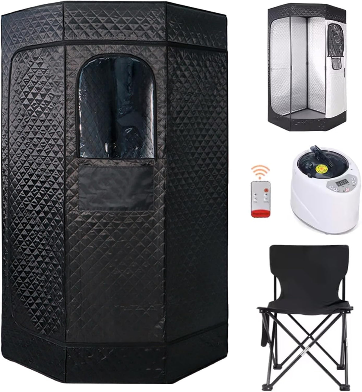 Sauna Sauna-tent, stoomgenerator voor saunakabine, 1200 W, voor thuis, draagbaar, timer en 9 temperatuurniveaus, met sauna, stoomgarnituur, 3 liter, inklapbare stoel met afstandsbediening, 180 cm (H)