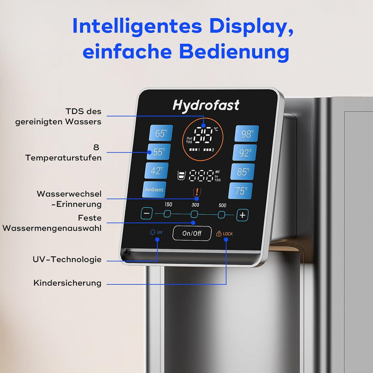 Omgekeerd osmosesysteem voor aanrecht, 6 niveaus onmiddellijke warmwaterdispenser, 8 instelbare temperaturen en 15 volumes, TDS-bewaking, nul installatie
