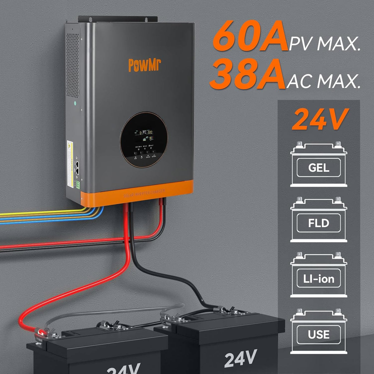 PowMr 3000W Solar Inverter, 3kW Off-Grid Hybrid Inverter, 24V DC to 220V AC, Built-in 60A MPPT Charge Controller, 9000W Peak Power for Lead Acid an