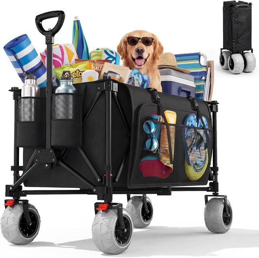JUMMICO Opvouwbare trolley voor alle terreinen, 200 l, met parkeerrem, 150 kg, afneembare PU-wielen en verstelbare handgreep, zijtas 25 l, robuust, voor strand, park, winkelen, camping