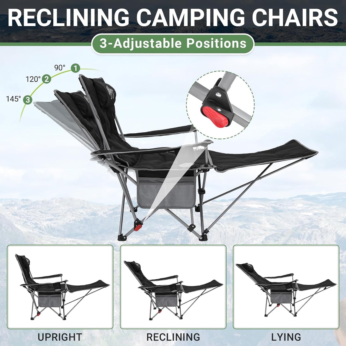 #WEJOY 2-in-1 campingstoel, opvouwbaar met voetensteun, gevoerde ligstoel met verstelbare rugleuning, relaxstoel, ligstoel met bekerhouder, ligstoel voor outdoor, camping, zwart, set van 2