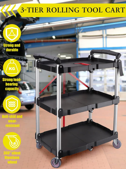 Opvouwbare Rolwagen – Servicewagen – Opbergkar – Trolley – Kar Op Wielen – 3 Niveaus, Opvouwbaar Tot 19 Cm – 165 Lbs Draagvermogen, 4 Zwenkwielen Met 2 Remmen