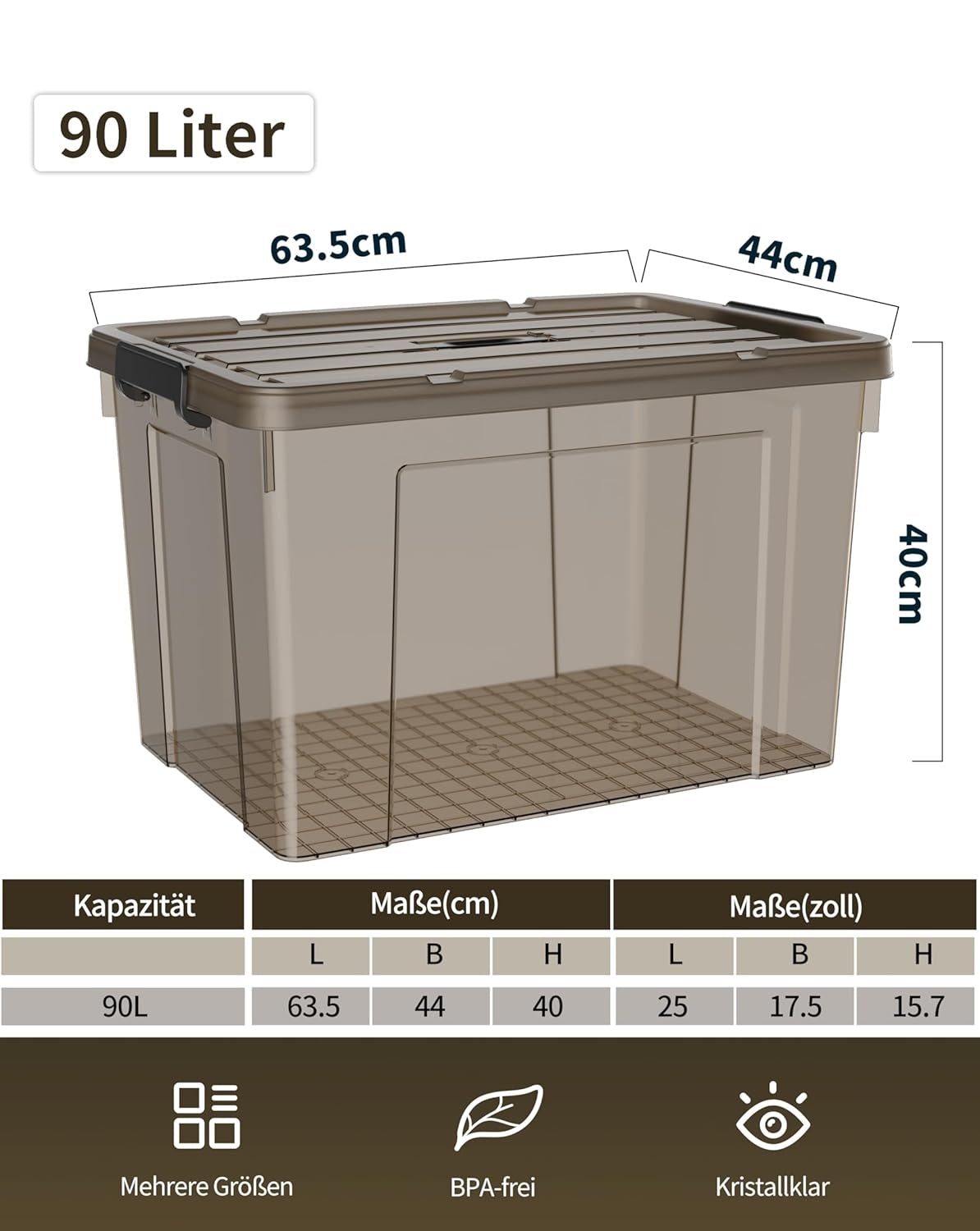 Opbergdozen, opbergdozen, draagbare kunststof dozen met handvat, stapelbare organisatiedozen voor slaapkamer, kantoor, school, transparant zwart, 90 l (set van 6)