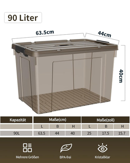 Opbergdozen, opbergdozen, draagbare kunststof dozen met handvat, stapelbare organisatiedozen voor slaapkamer, kantoor, school, transparant zwart, 90 l (set van 6)