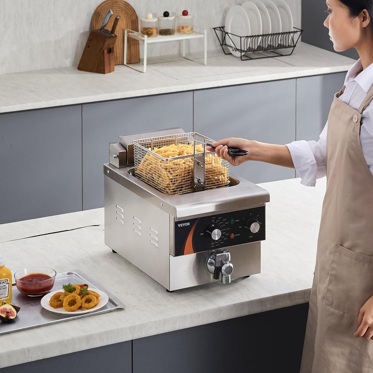 VEVOR Professionele elektrische pianofriteuse 3000 W met mand, 8,5 l enkelvoudige oliefriteuse, verdikt roestvrij staal 1 mm, tijdcontrole, gebruik in de keuken, restaurant, zilver